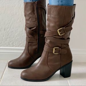 NIB Kitten Chunky Heel Buckle Wrap Mid Calf Boots